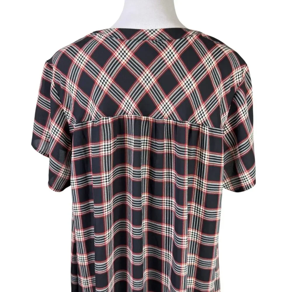 Torrid Sz 2 Georgette Black Red Plaid Short Sleeve Business Casual Tunic Blouse